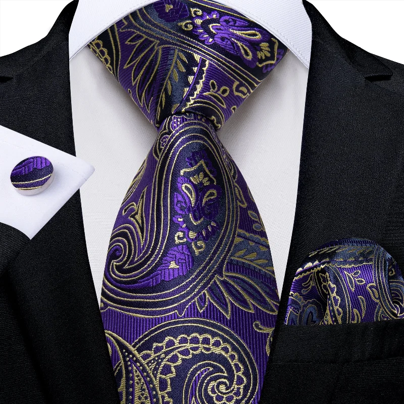 Men's tie with a textured weave-Blue Golden Floral Men's Tie Pocket Square Handkerchief Set