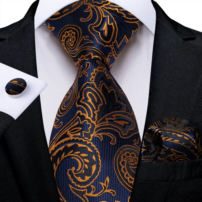 Men's high-quality designer tie-Blue Golden Floral Men's Tie Pocket Square Handkerchief Set