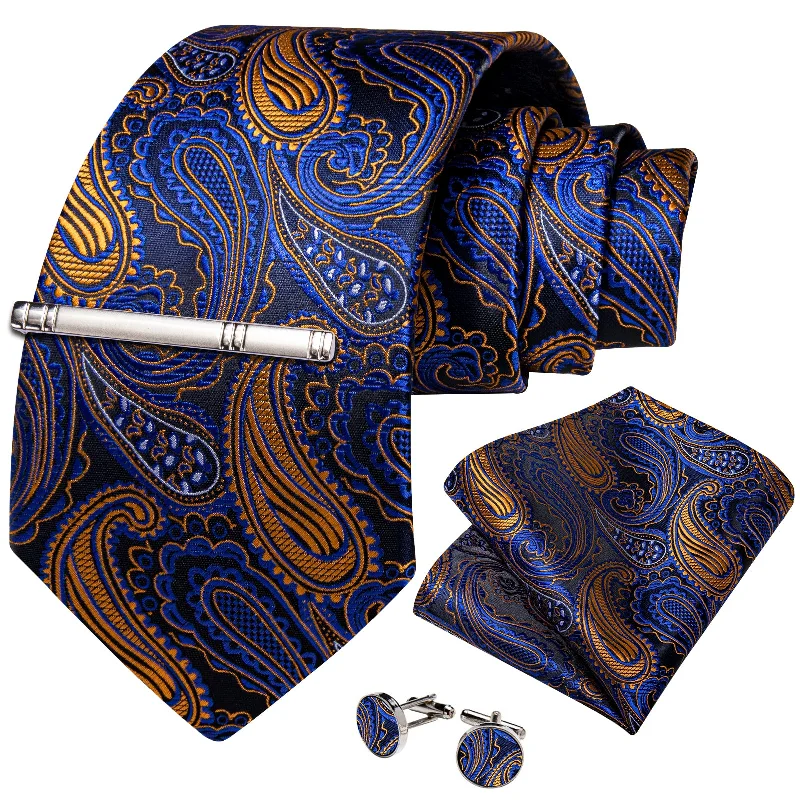 Men's tie with modern stripes-Blue Golden Paisley Men's Tie Handkerchief Cufflinks Clip Set