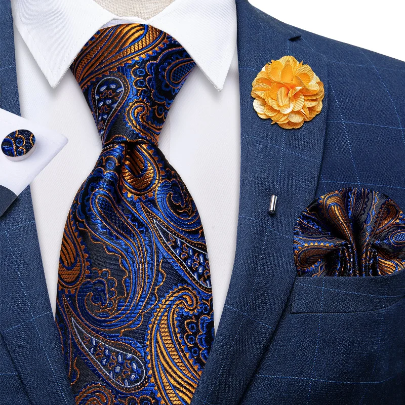 Men's slim tie-Blue Golden Paisley Silk Men's Necktie Handkerchief Cufflinks Set With Lapel Pin Brooch Set