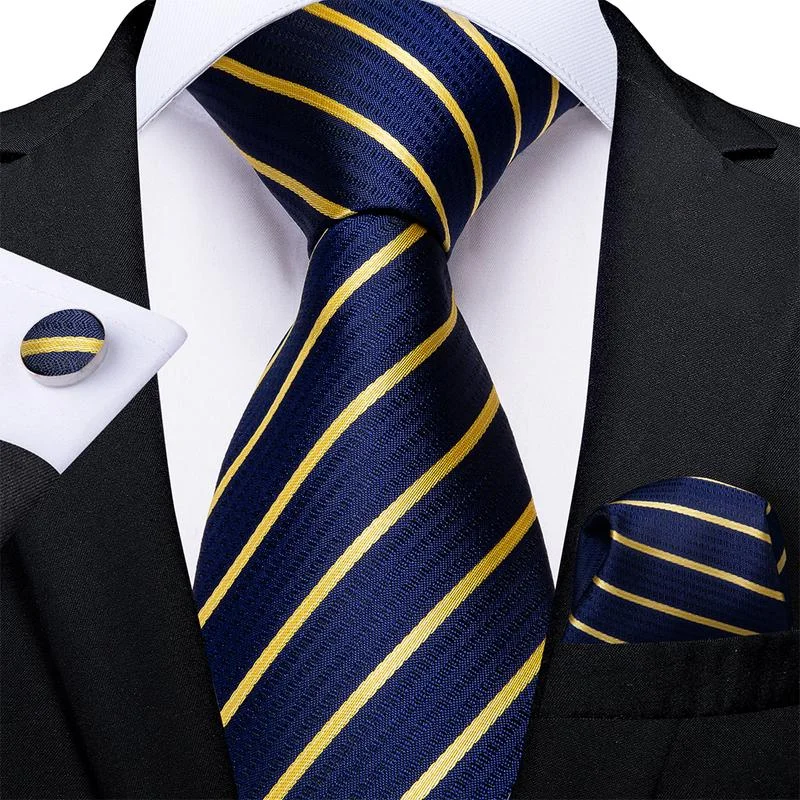 Solid color men's tie-Blue Golden Striped Tie Handkerchief Cufflinks Set