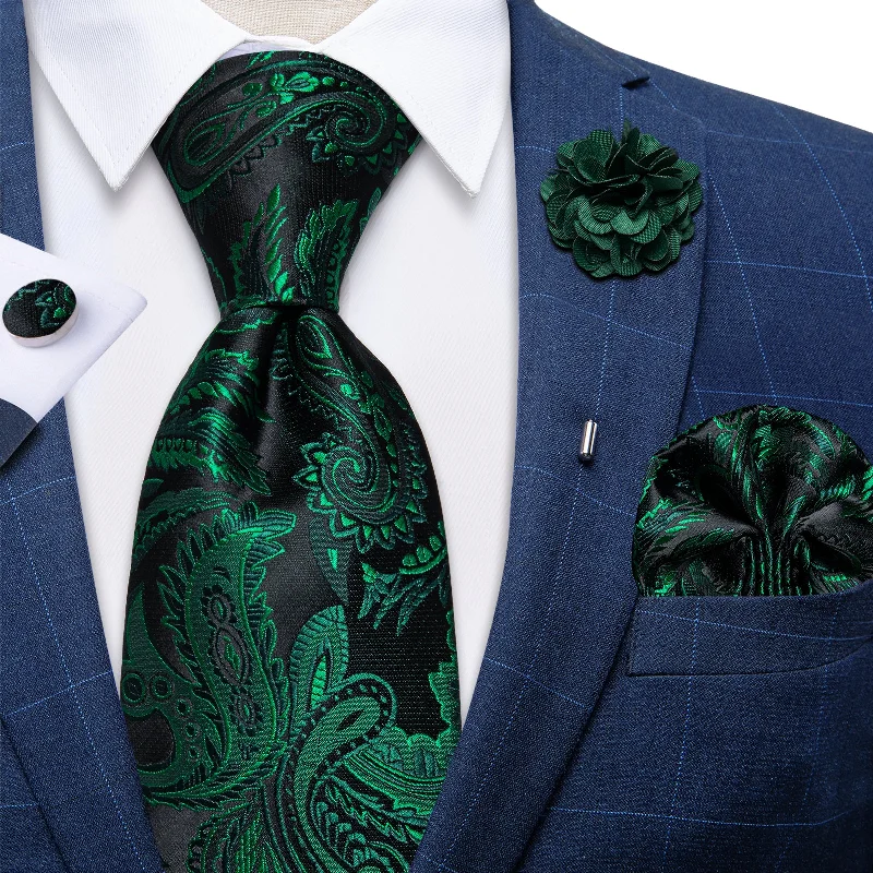 Men's tie for casual wear-Blue Green Floral Silk Men's Necktie Handkerchief Cufflinks Set With Lapel Pin Brooch Set