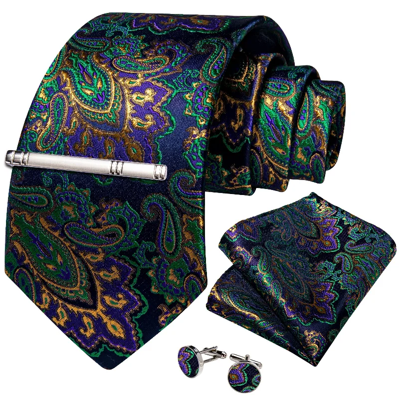 Trendy men's tie for evening wear-Blue Green Golden Floral Men's Tie Handkerchief Cufflinks Clip Set