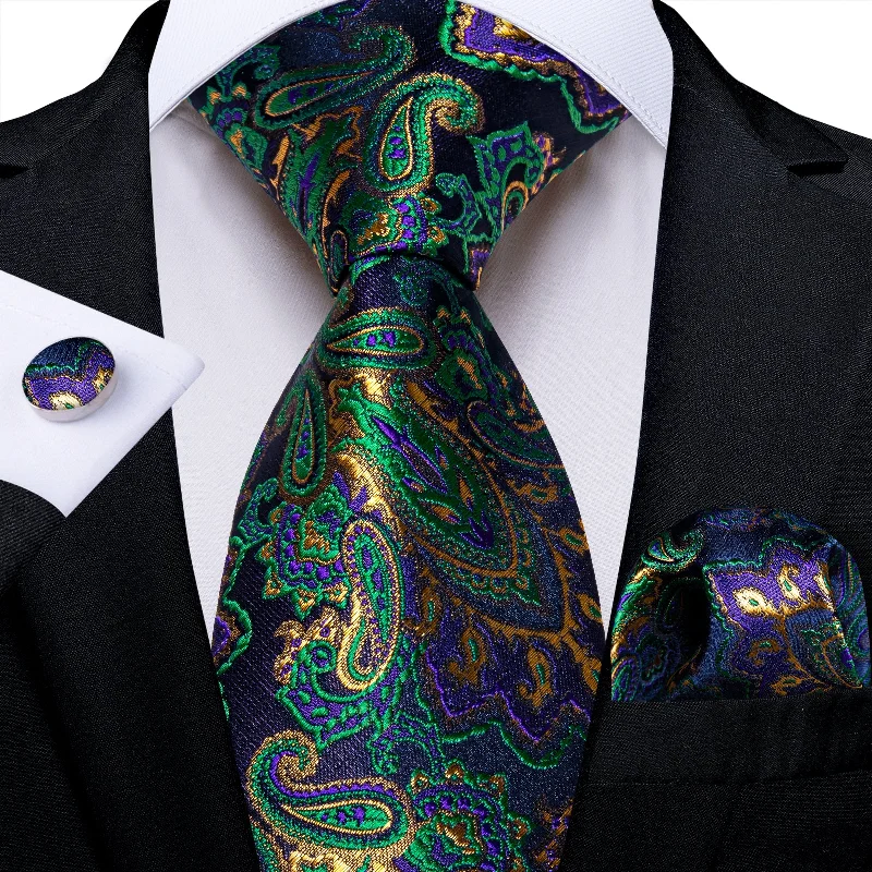 Best necktie for formal wear-Blue Green Paisley Men's Tie Pocket Square Cufflinks Set