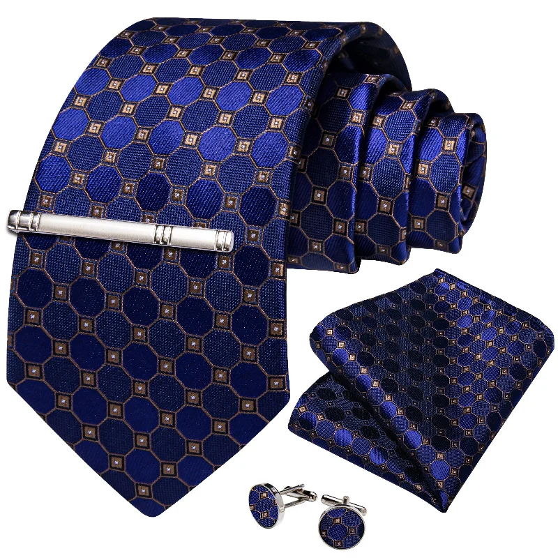 Men's tie with vibrant color-Blue Green Plaid Men's Tie Handkerchief Cufflinks Clip Set