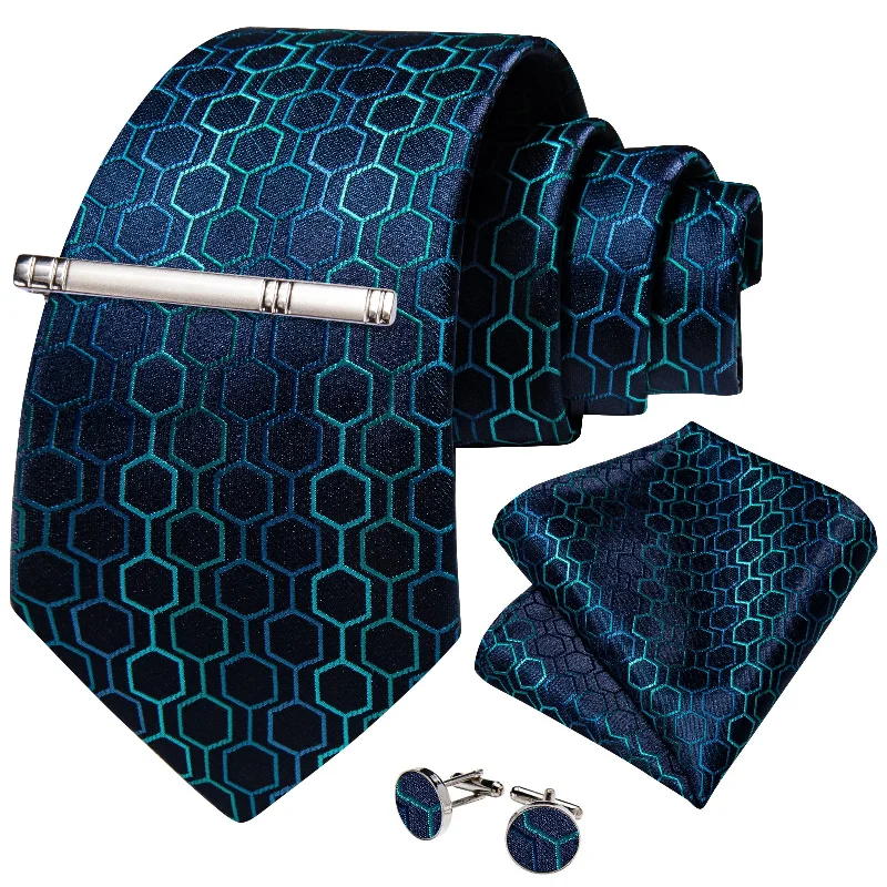 Men's silk tie for festive occasions-Blue Lattice Men's Tie Handkerchief Cufflinks Clip Set