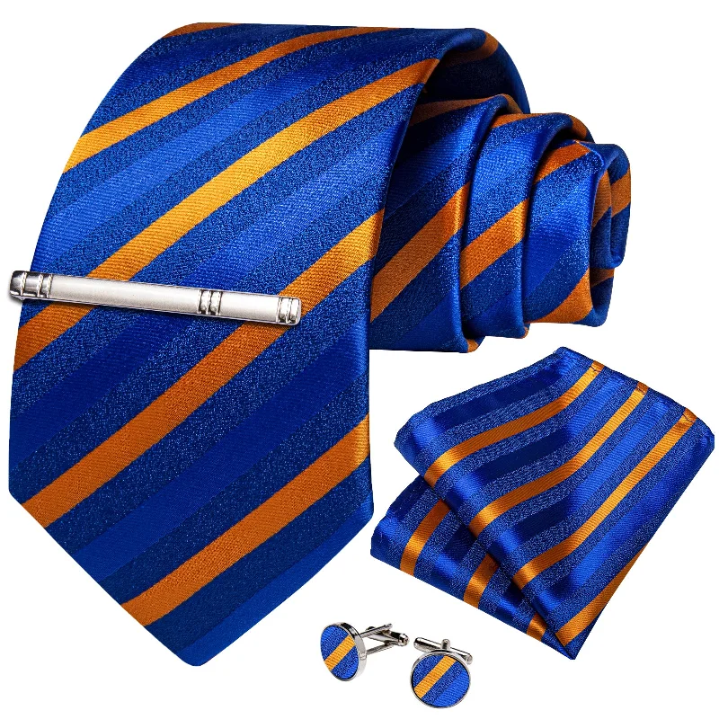 Men's tie for elegant weddings-Blue Orange Striped Men's Tie Handkerchief Cufflinks Clip Set