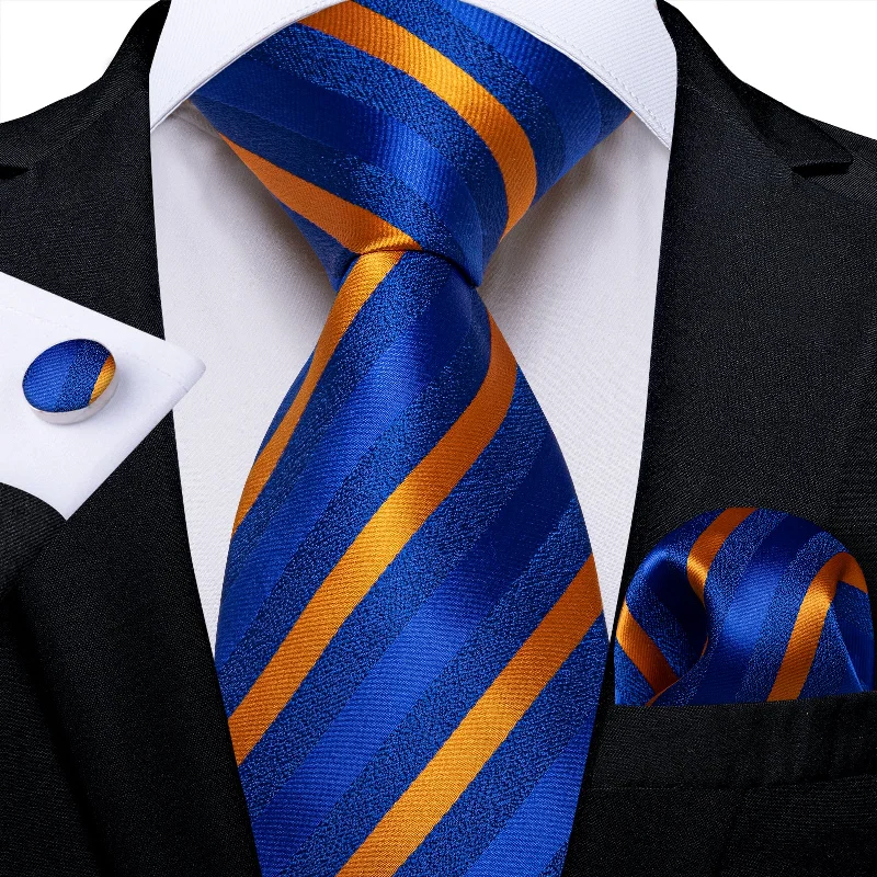 Men's necktie for holiday dinner-Blue Orange Striped Men's Tie Pocket Square Cufflinks Set