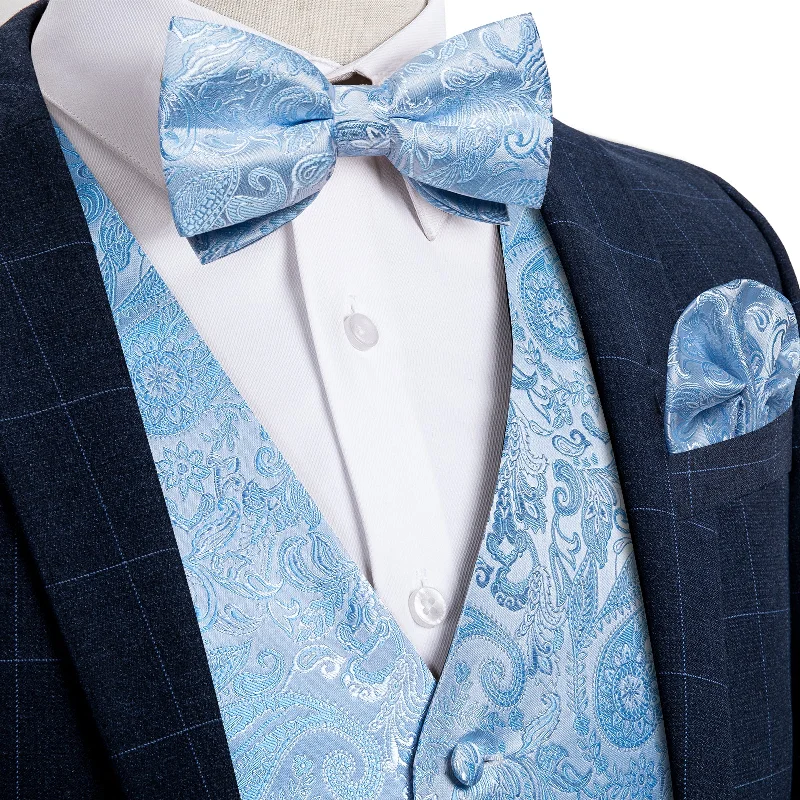 Men's tie for fancy dinners-Blue Paisley Jacquard Silk Waistcoat Vest Bowtie Pocket Square Cufflinks Set