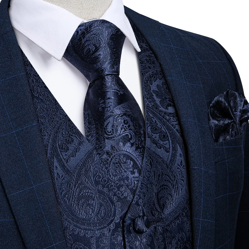 Best men's tie for casual Friday-Blue Paisley Jacquard Silk Waistcoat Vest Necktie Handkerchief Cufflinks Set