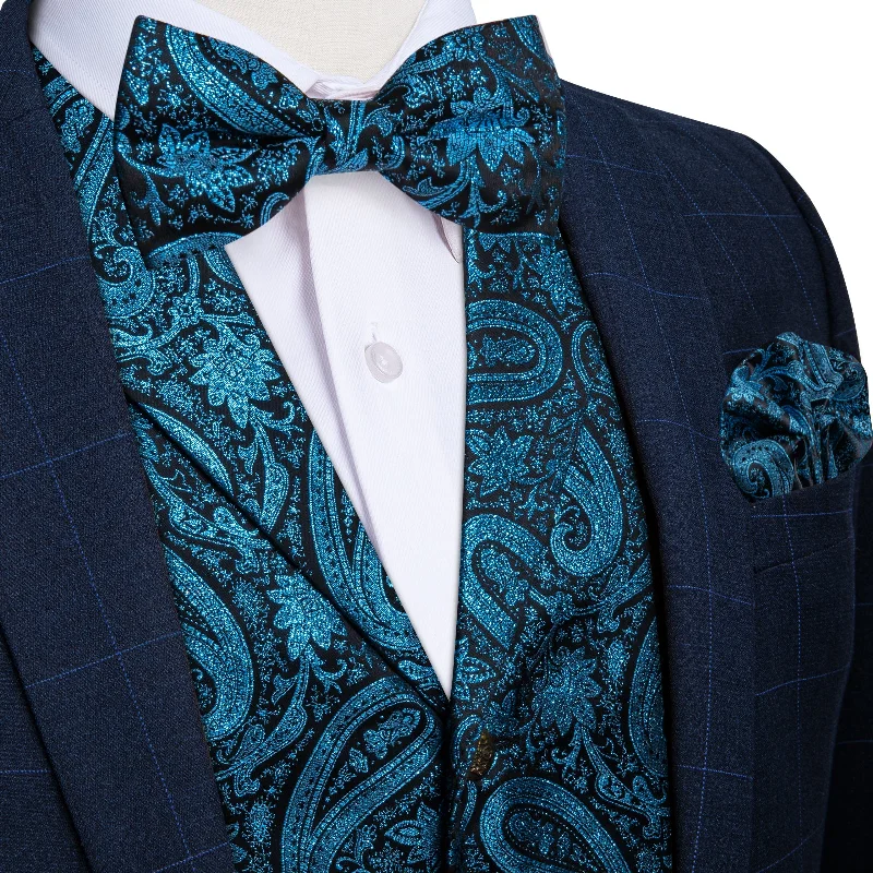 Trendy men's tie for evening wear-Blue Paisley Jacquard Waistcoat Vest BowTie Handkerchief Cufflinks Set