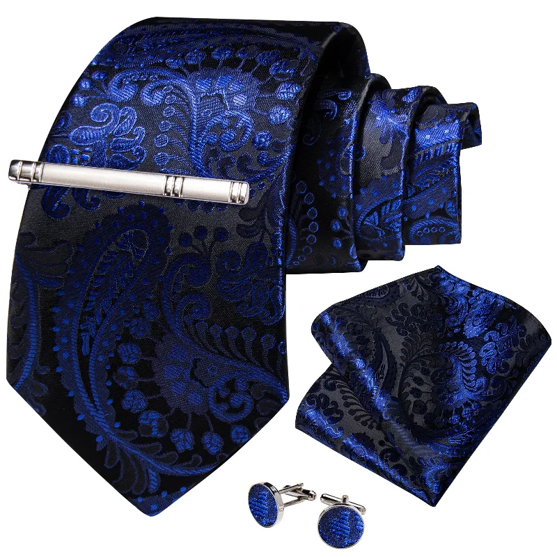 Men's tie with fine lines-Blue Paisley Men's Tie Handkerchief Cufflinks Clip Set