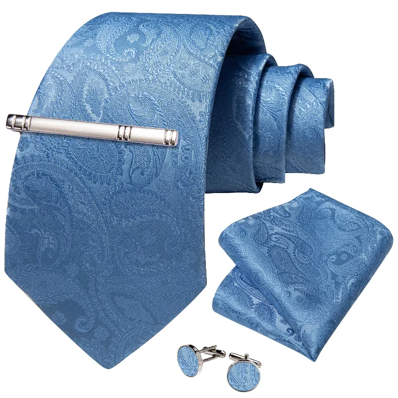 Men's striped necktie for business-Blue Paisley Men's Tie Handkerchief Cufflinks Clip Set