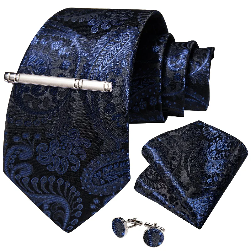 Men's tie for board meetings-Blue Paisley Men's Tie Handkerchief Cufflinks Clip Set