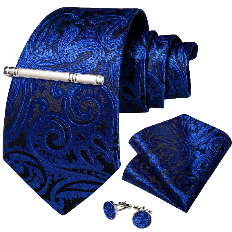 Men's tie for formal attire-Blue Paisley Men's Tie Handkerchief Cufflinks Clip Set