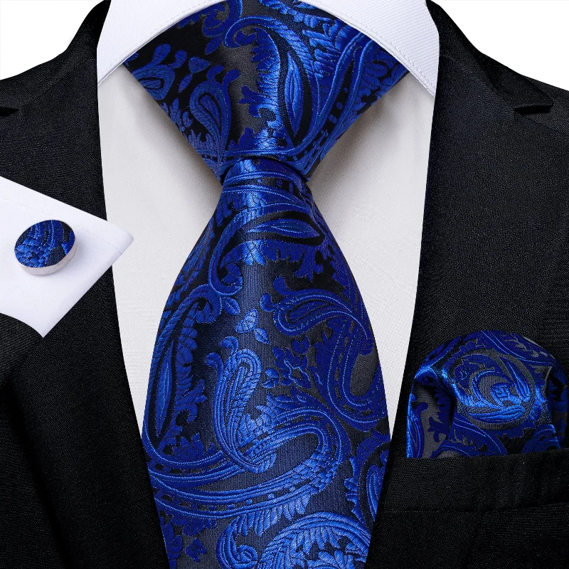 Classic men's tie with subtle texture-Blue Paisley Men's Tie Pocket Square Handkerchief Set