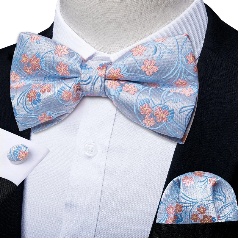 Men's printed ties-Blue Pink Floral Silk Bowtie Pocket Square Cufflinks Set