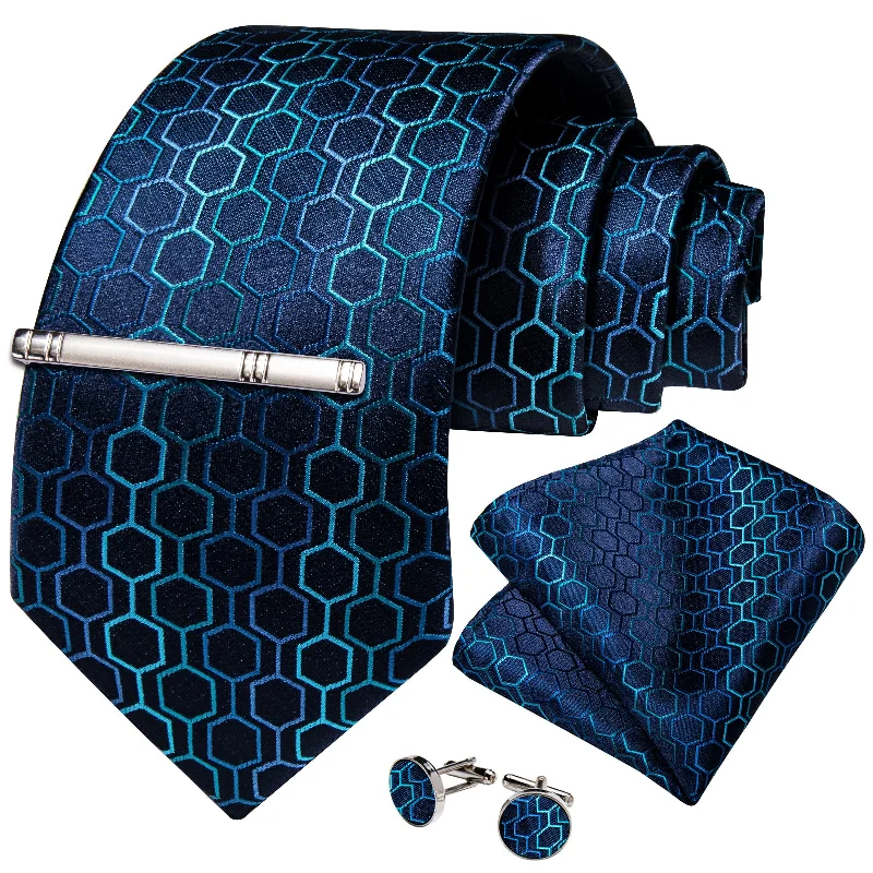 Best men's tie for formal events-Blue Plaid Men's Tie Handkerchief Cufflinks Clip Set