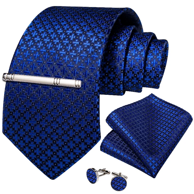 Customizable men's silk tie-Blue Plaid Men's Tie Handkerchief Cufflinks Clip Set