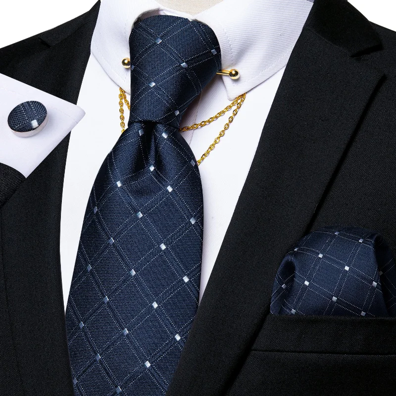 Unique men's necktie for special events-Blue Plaid Men's Tie Handkerchief Cufflinks Set With Collar Pin