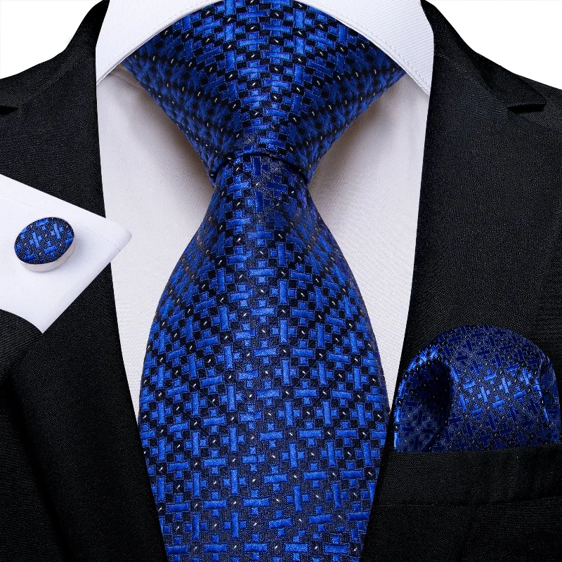 Men's tie for a formal interview-Blue Plaid Men's Tie Pocket Square Cufflinks Set