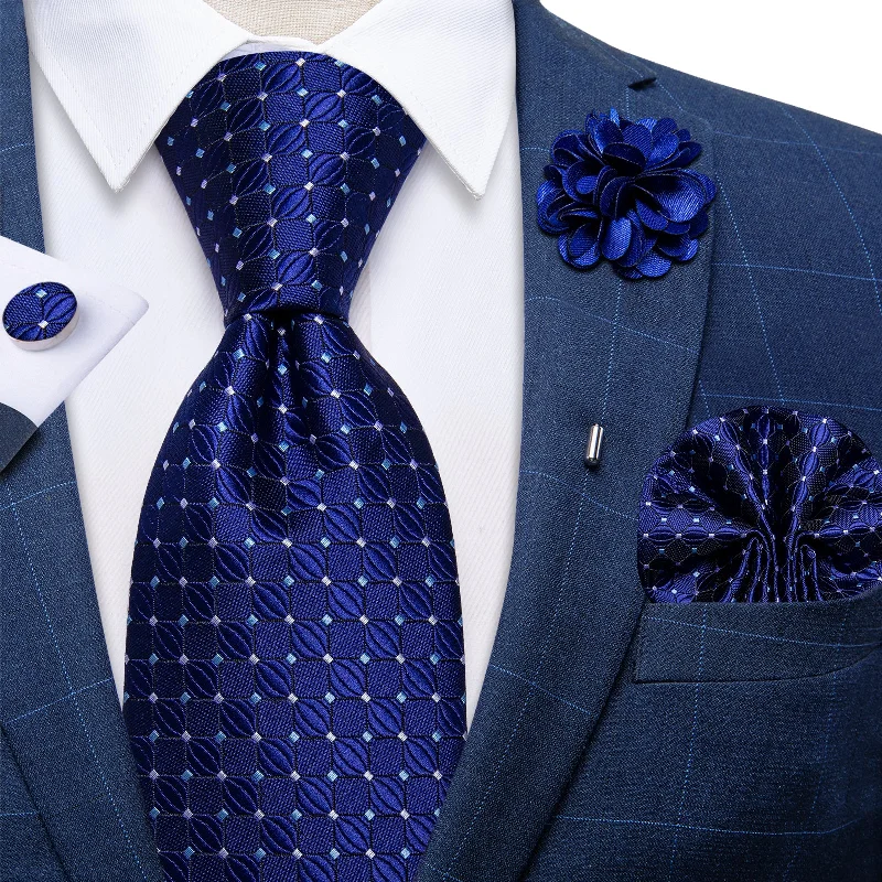 Men's printed ties-Blue Plaid Silk Men's Necktie Handkerchief Cufflinks Set With Lapel Pin Brooch Set