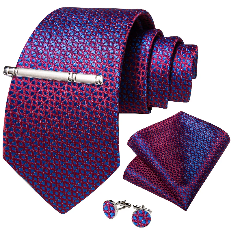 Best men's tie for a job interview-Blue Red Striped Men's Tie Handkerchief Cufflinks Clip Set