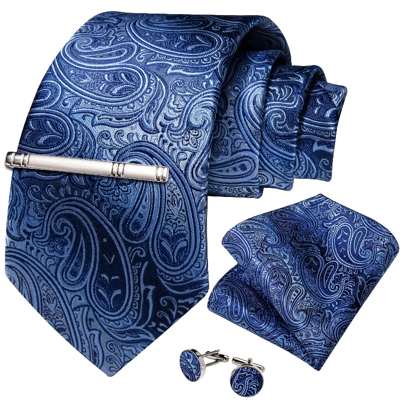 Professional men's silk tie-Blue Silver Floral Men's Tie Handkerchief Cufflinks Clip Set