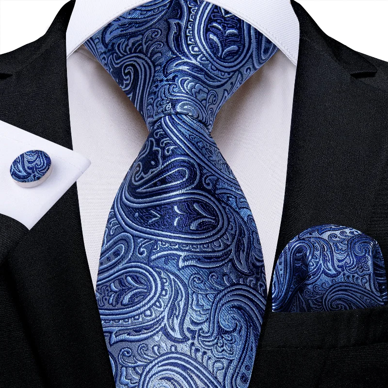 Classic necktie for men-Blue Silver Floral Men's Tie Pocket Square Cufflinks Set