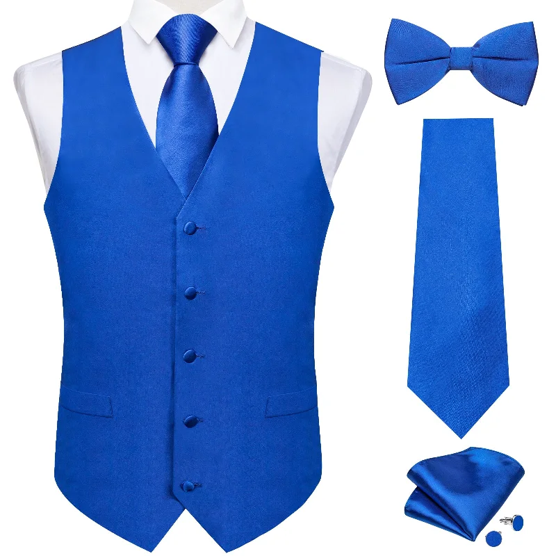 Men's tie for a stylish look-Blue Solid Jacquard V Neck Vest Neck Bow Tie Handkerchief Cufflinks Set