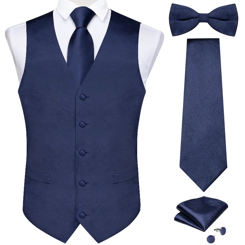 Men's necktie for upscale events-Blue Solid V Neck Vest Neck Bow Tie Handkerchief Cufflinks Set