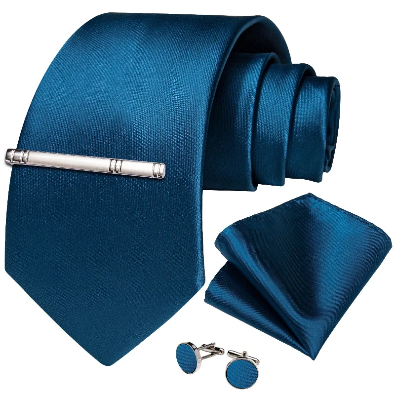 Men's tie with light blue color-Blue Solid Men's Tie Handkerchief Cufflinks Clip Set