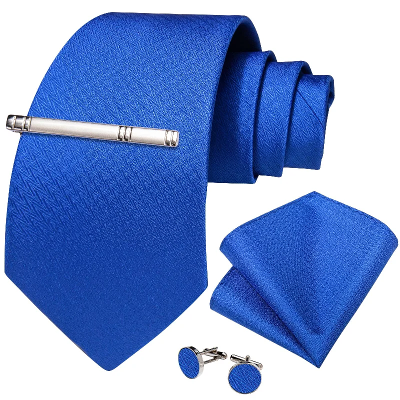 Men's tie for formal occasions-Blue Solid Men's Tie Handkerchief Cufflinks Clip Set