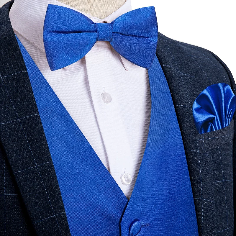 Men's colorful silk tie-Bright Blue Solid Satin Waistcoat Vest Bowtie Handkerchief Cufflinks Set