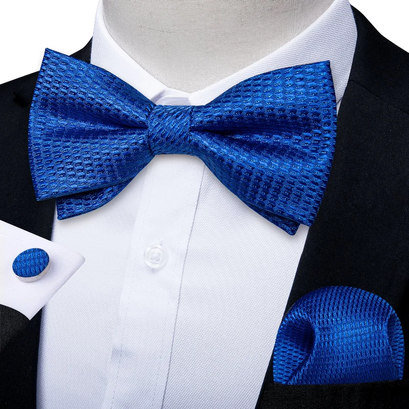 Professional men's silk tie-Blue Solid Silk Bowtie Pocket Square Cufflinks Set