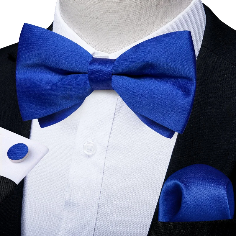 Men's tie for wedding parties-Blue Solid Silk Men's Pre-Bowtie Pocket Square Cufflinks Set