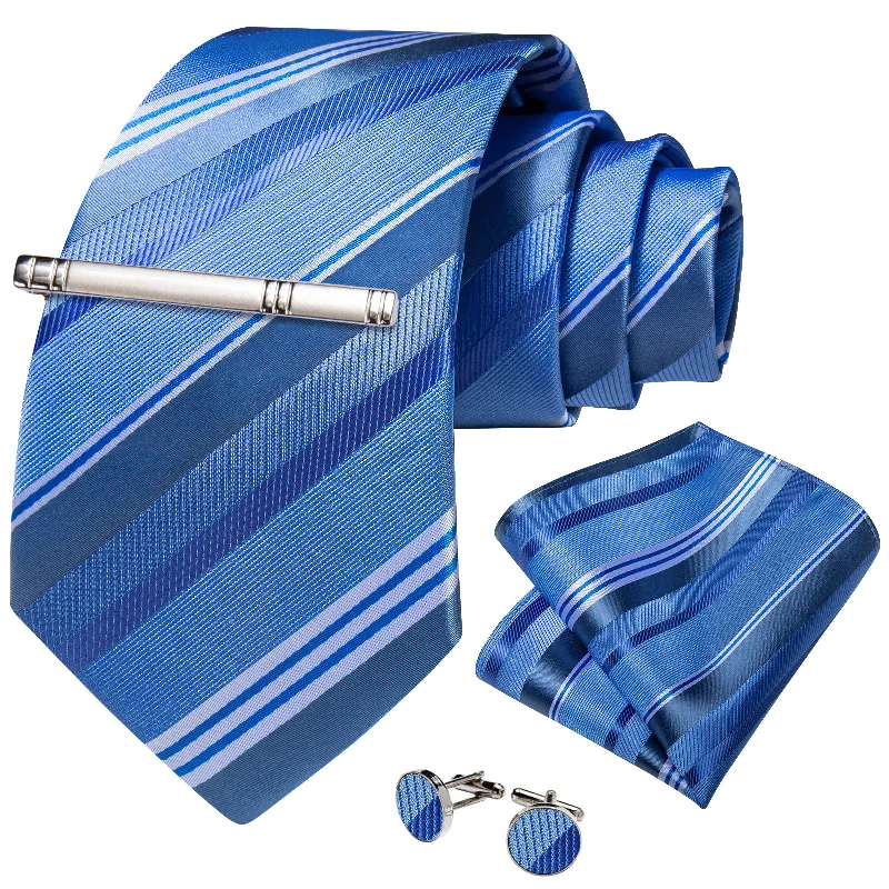 Best men's tie for casual events-Blue White Striped Men's Tie Handkerchief Cufflinks Clip Set