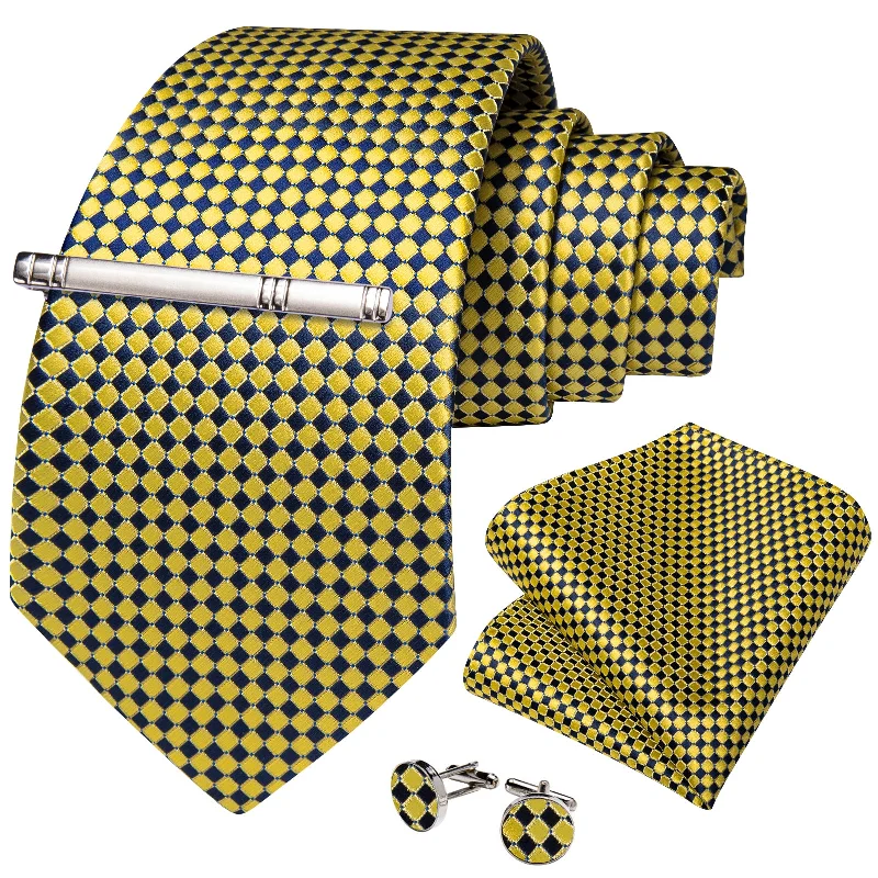 Men's tie with contrasting colors-Blue Yellow Plaid Men's Tie Handkerchief Cufflinks Clip Set