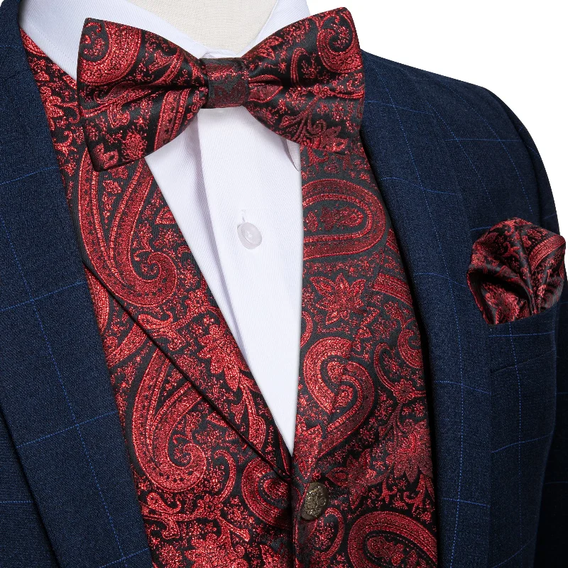 Men's patterned tie for the office-Bright Red Paisley Jacquard Waistcoat Vest BowTie Handkerchief Cufflinks Set