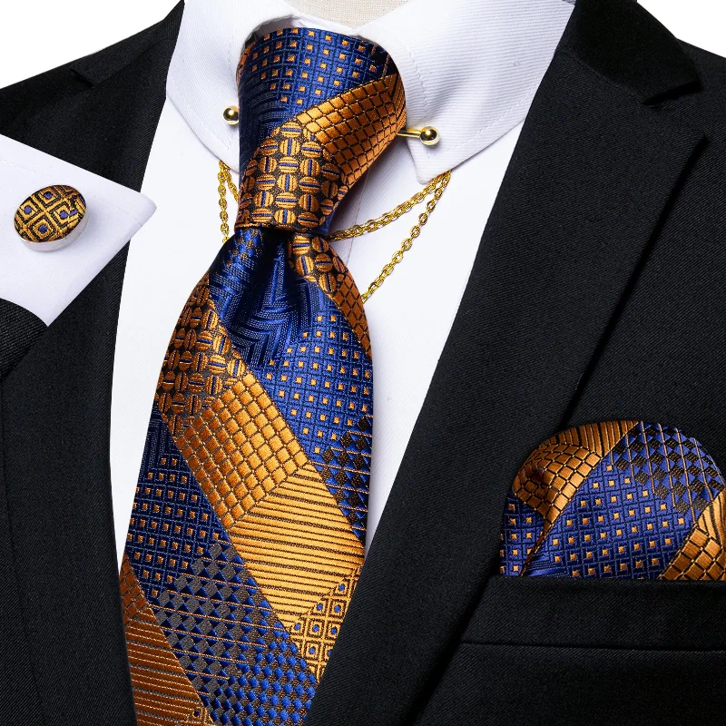 Men's tie with a subtle design-Brown Blue Striped Men's Silk Tie Pocket Square Cufflinks with Collar Pin