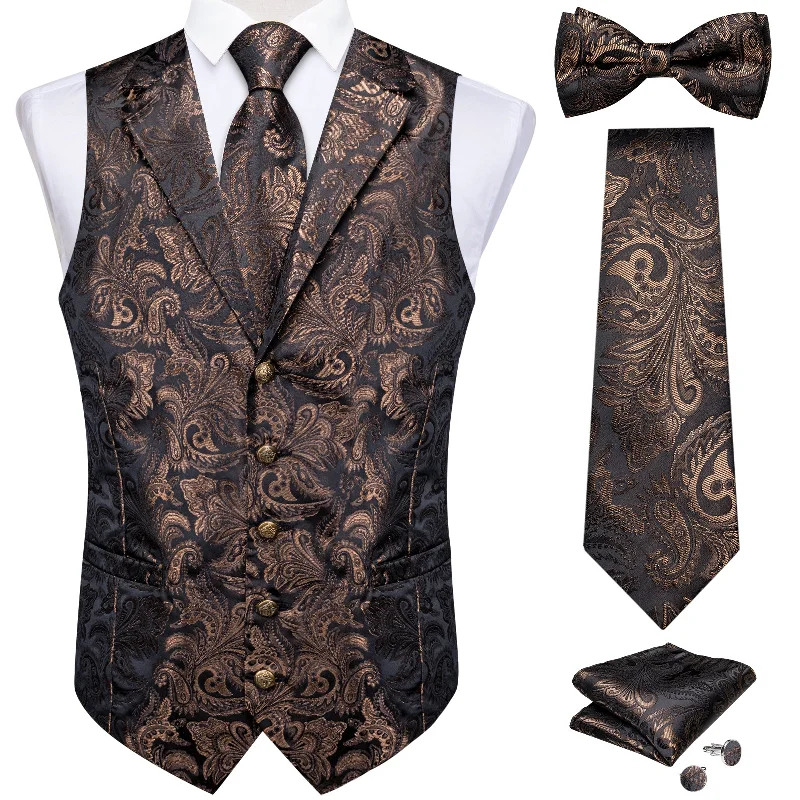 Luxury necktie for men-Brown Floral Jacquard V Neck Vest Neck Bow Tie Handkerchief Cufflinks Set