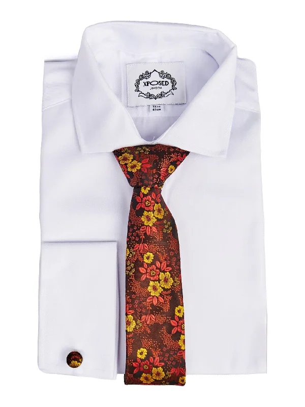 Men's tie with contrasting colors-BROWN FLORAL PRINT NECK TIE SET