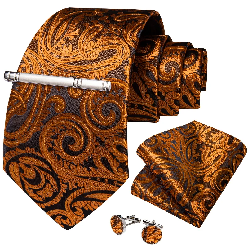 Men's tie for black tie occasions-Brown Golden Floral Men's Tie Handkerchief Cufflinks Clip Set