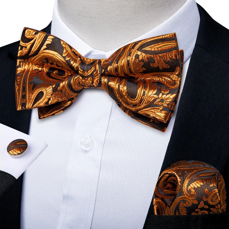 High-quality men's tie-Brown Golden Floral Silk Men's Pre-Bowtie Pocket Square Cufflinks Set