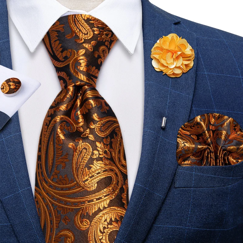 Custom men's necktie-Brown Golden Paisley Silk Men's Necktie Handkerchief Cufflinks Set With Lapel Pin Brooch Set