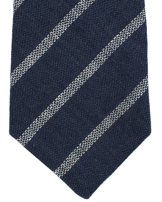 Men's tie for anniversary gift-Brunello Cucinelli Linen Tie Navy Gray Blazer Stripes Repp