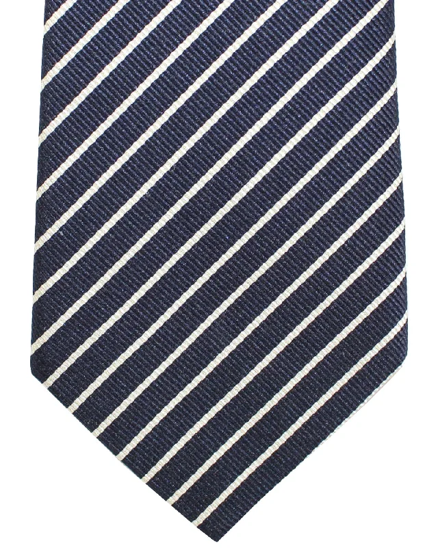 Men's tie with a unique pattern-Brunello Cucinelli Silk Tie Dark Blue White Stripes Design