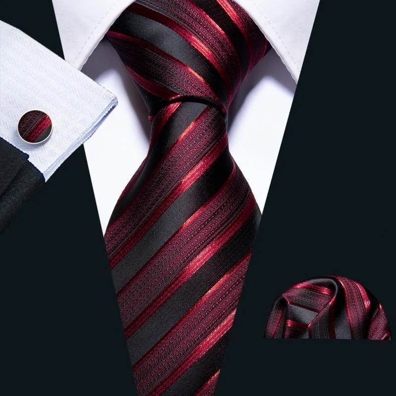 Unique men's tie for wedding-DiBanGu Silk Tie Burgundy Black Striped Men's Tie Handkerchief Cufflinks Set