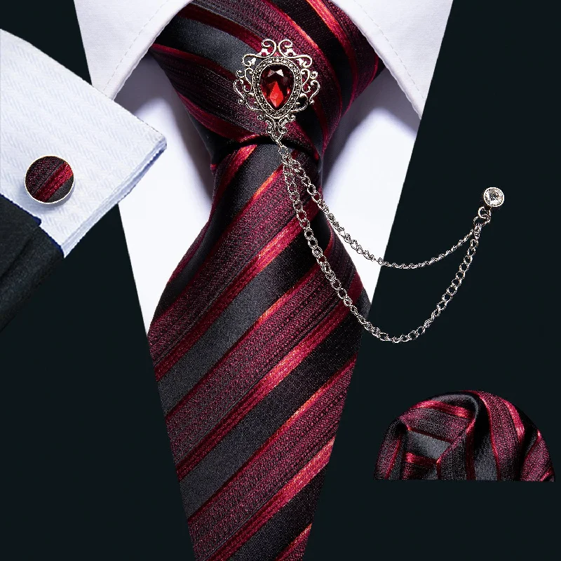 Men's necktie for holiday dinner-Burgundy Black Striped Silk Men's Necktie Handkerchief Cufflinks Set With GEM Lapel Pin Brooch Set