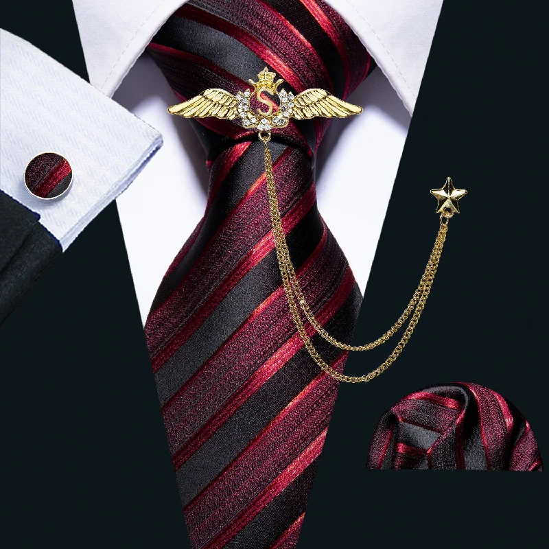 Men's necktie for upscale dining-Burgundy Black Striped Tie Handkerchief Cufflinks Set With Wing Lapel Pin Set